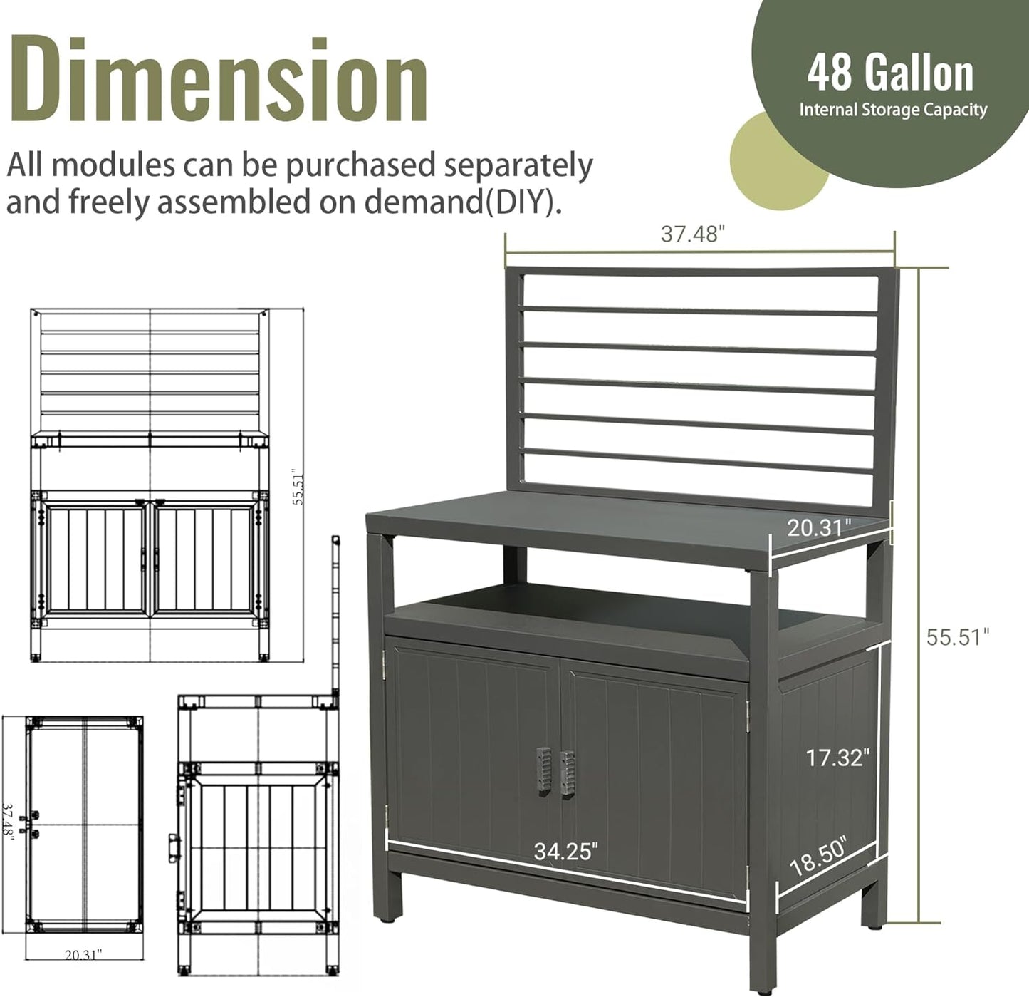 Gray metal garden storage cabinet with gallon capacity