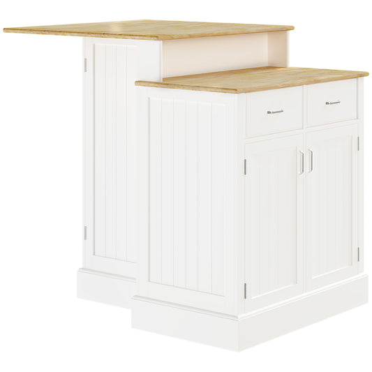 White kitchen island with drop leaf extension and wooden countertop