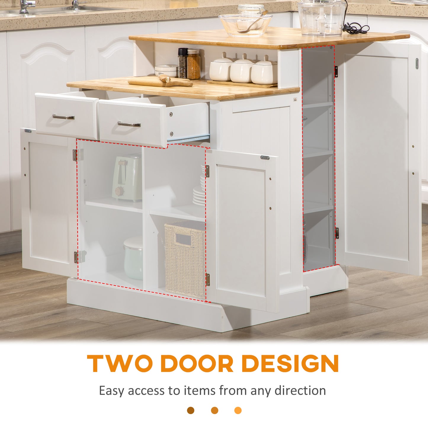 White kitchen island cart with two drawers and double cabinet doors