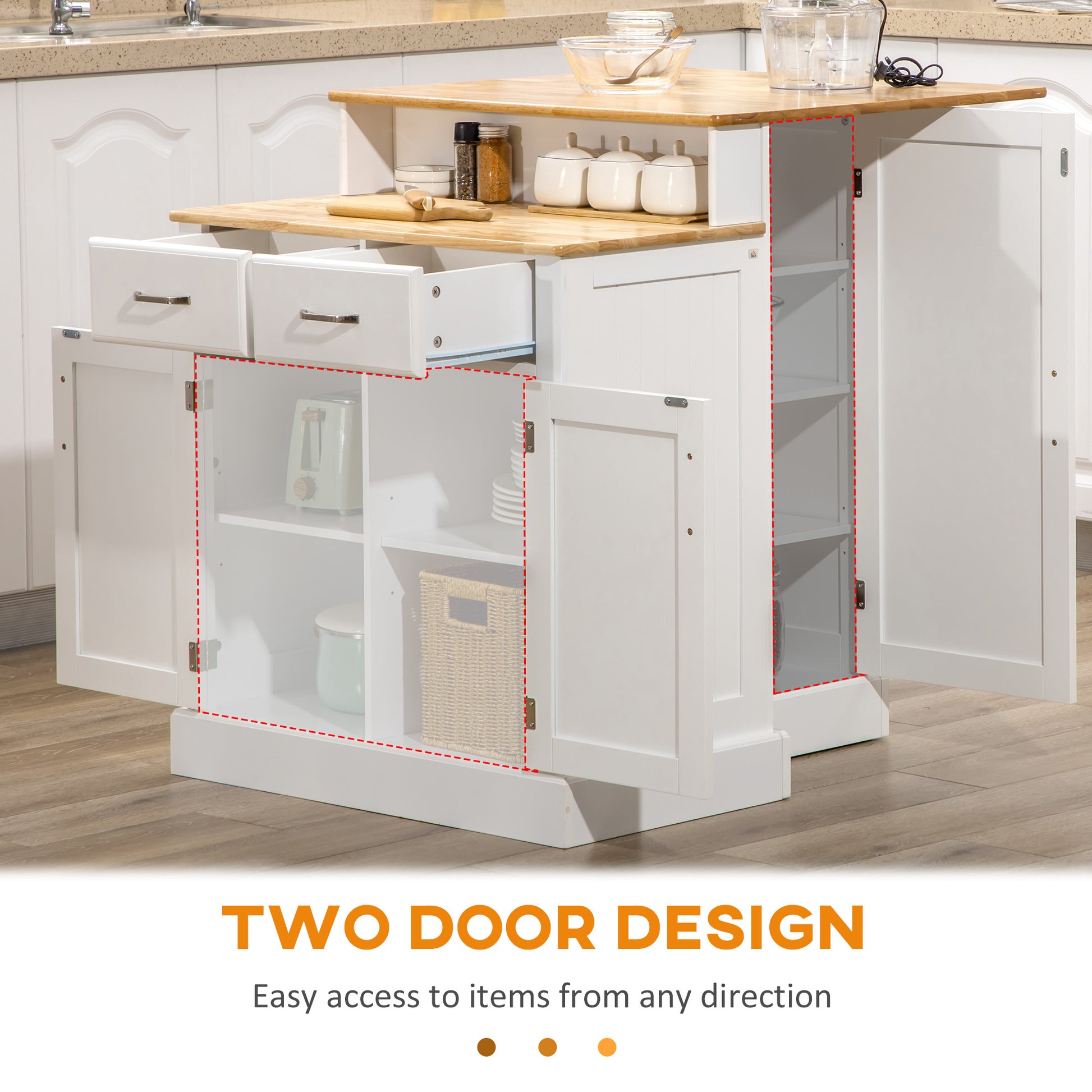 White kitchen island cart with two drawers and double cabinet doors