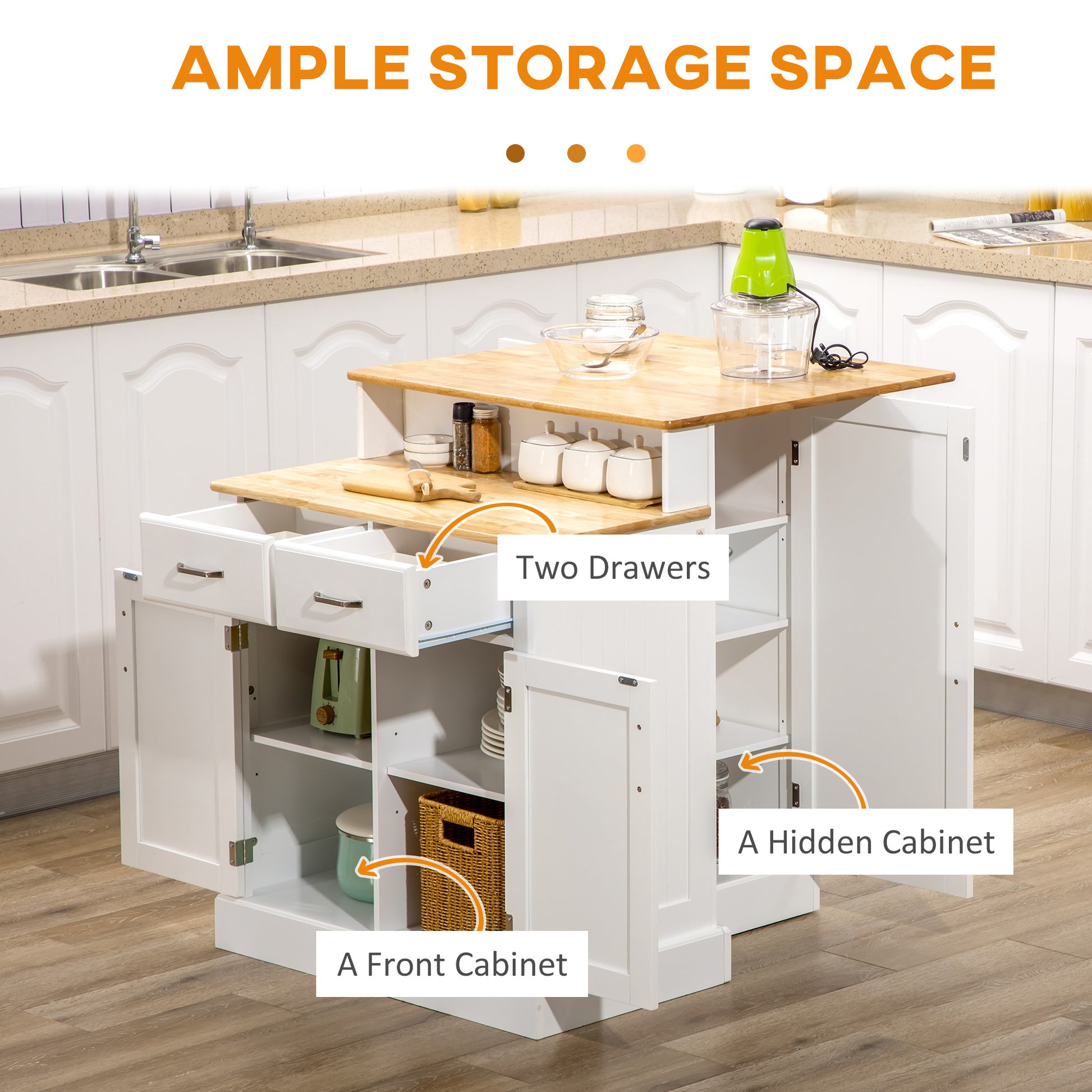 White kitchen island with two drawers and ample storage space