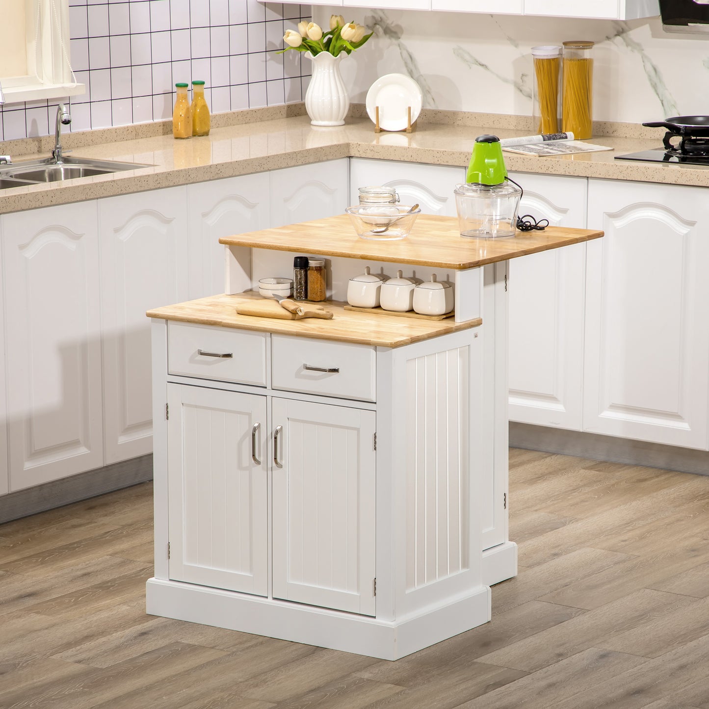 White kitchen island cart with butcher block top and storage cabinets