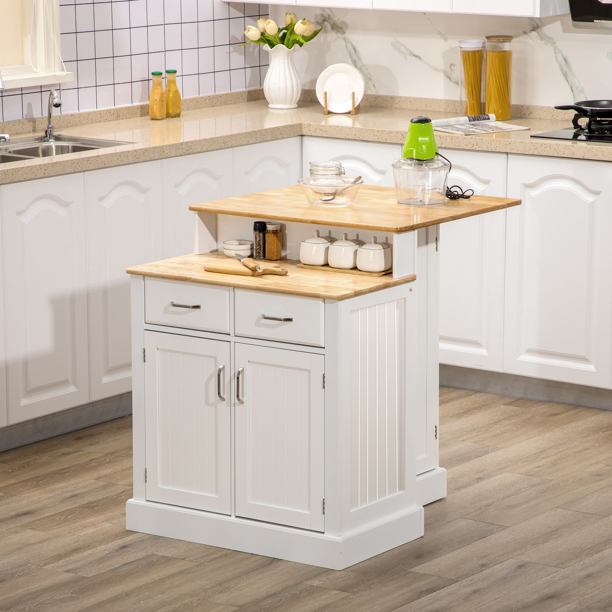White kitchen island cart with butcher block top and storage cabinets