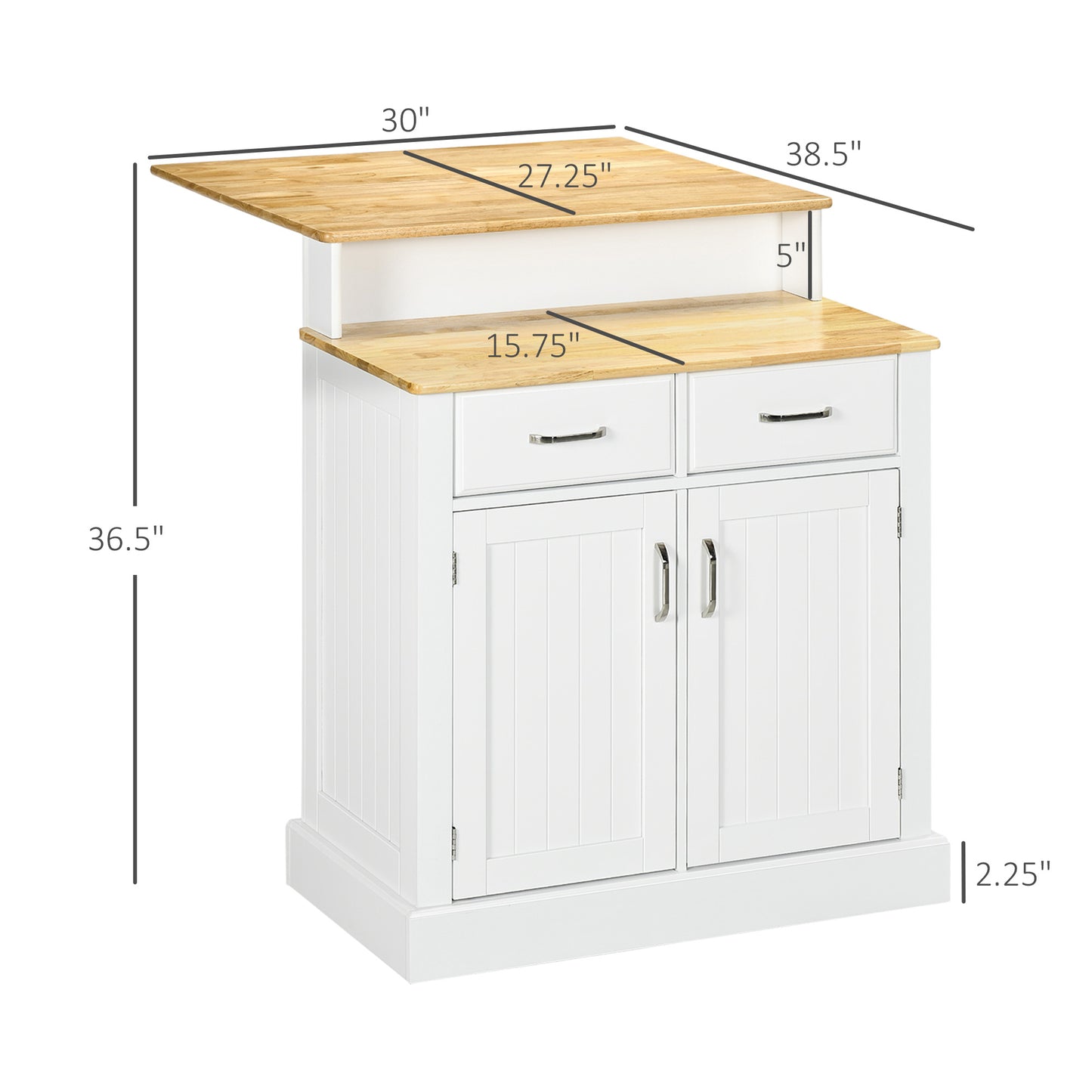 White kitchen island cart with bamboo countertop and two drawers