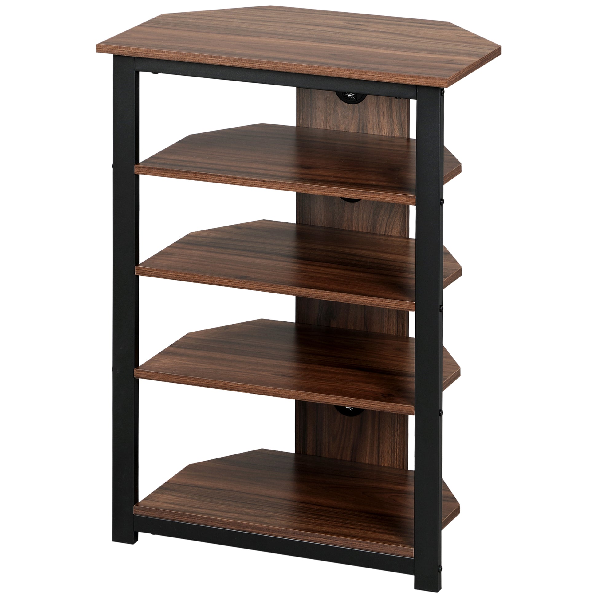 Dark walnut corner shelf unit with five tiers and black metal frame perfect for electronics