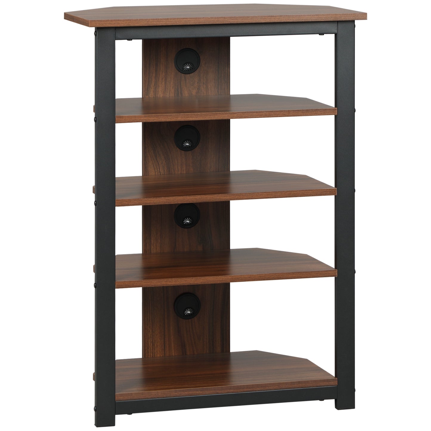 Dark walnut corner shelf with  tiers and black metal frame ideal for media storage