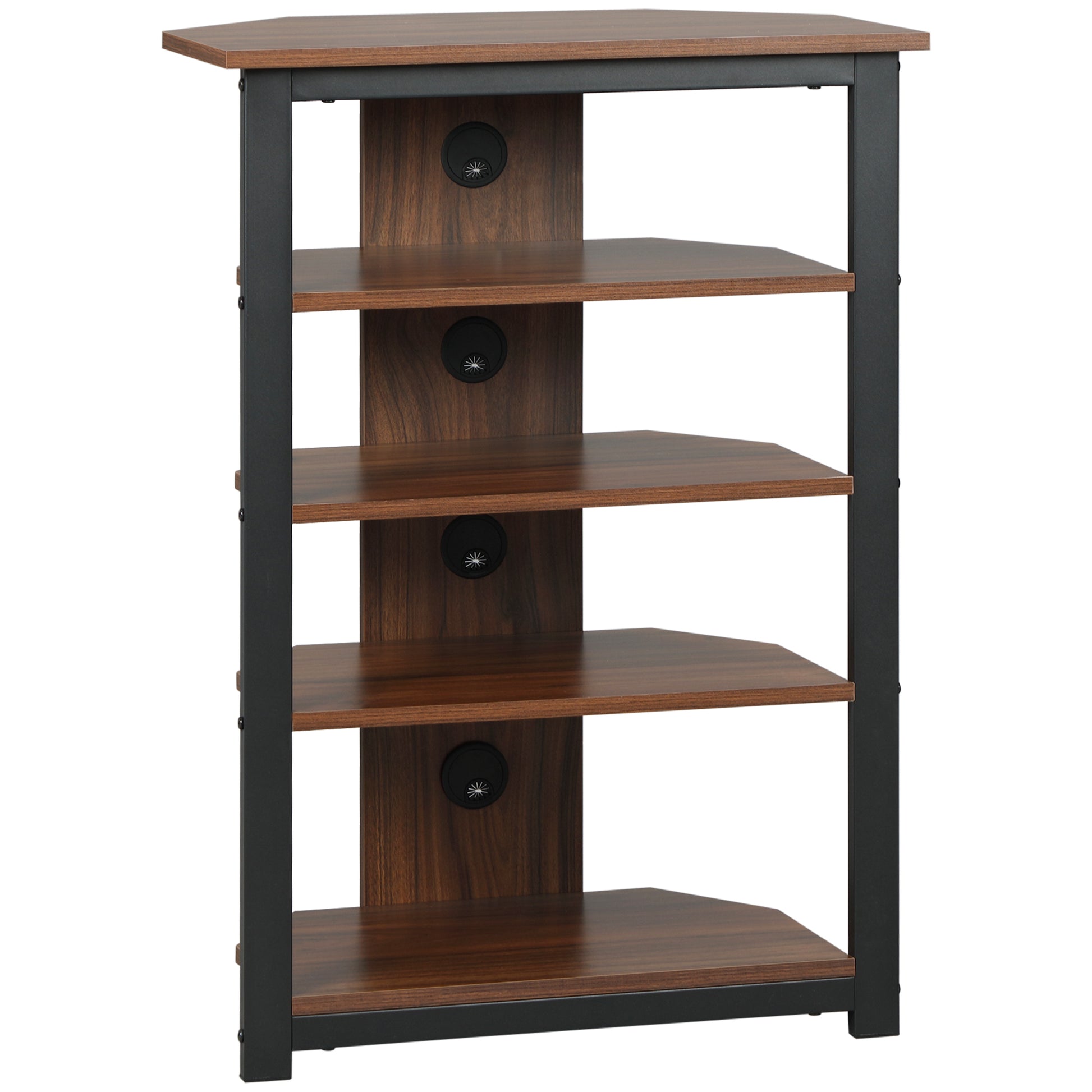 Dark walnut corner shelf with  tiers and black metal frame ideal for media storage