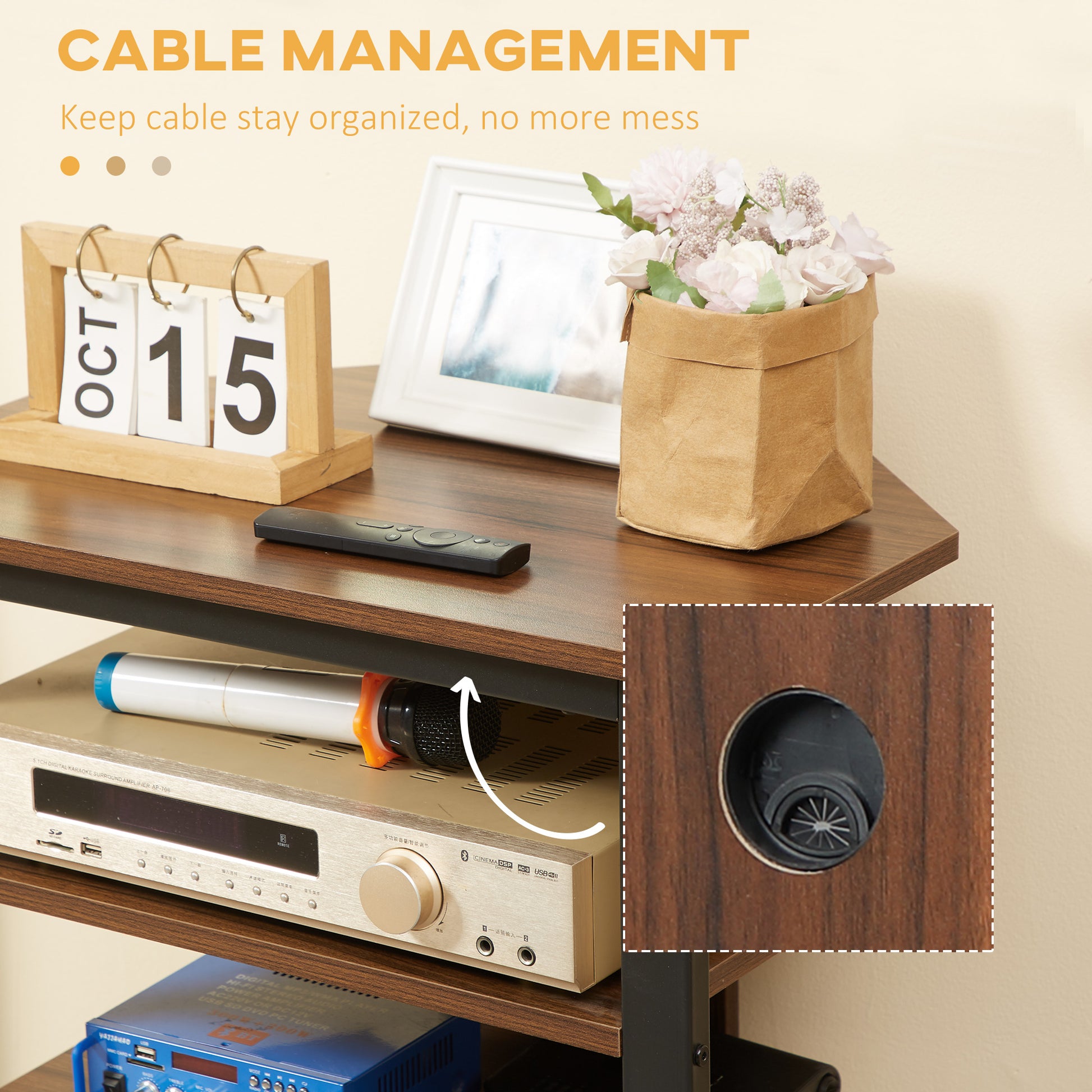 Wooden shelf with calendar and flowers showcasing cable management features