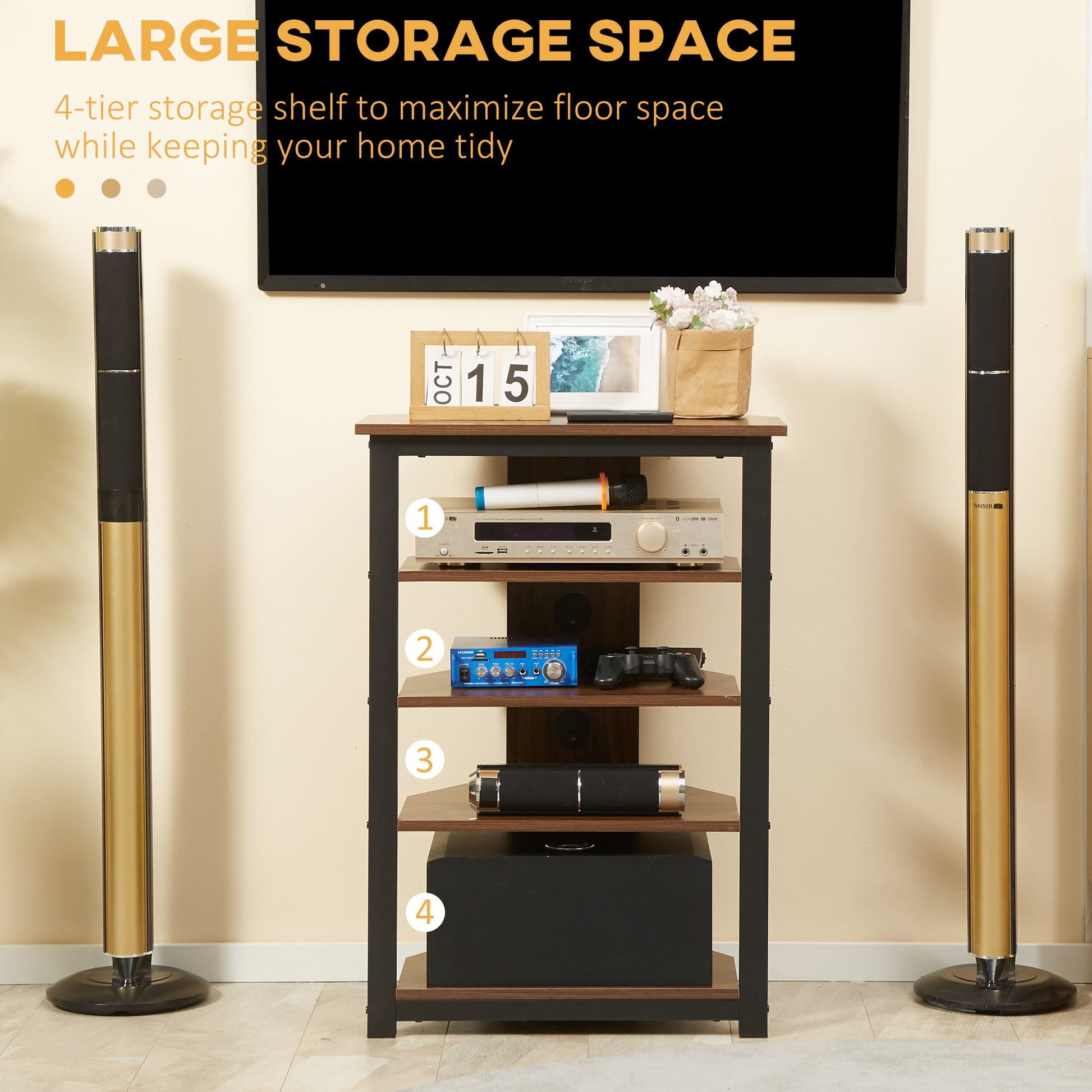 Compact tier media shelf with dark wood and black metal frame holds AV equipment