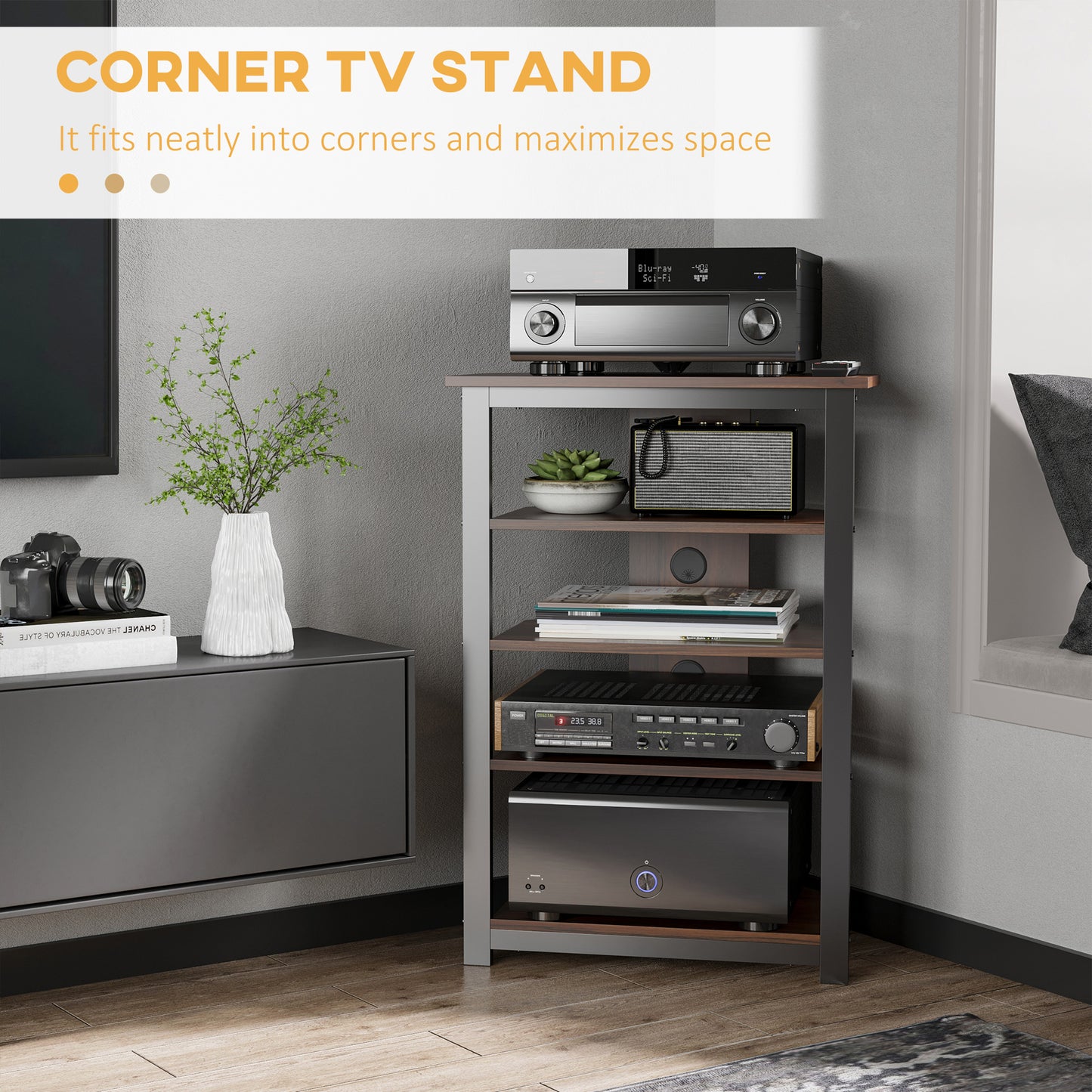 Wooden corner TV stand with multiple shelves holding audio equipment and books