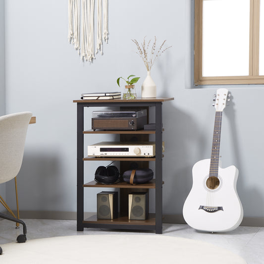 Compact audio rack with wooden shelves and black metal frame holding stereo equipment