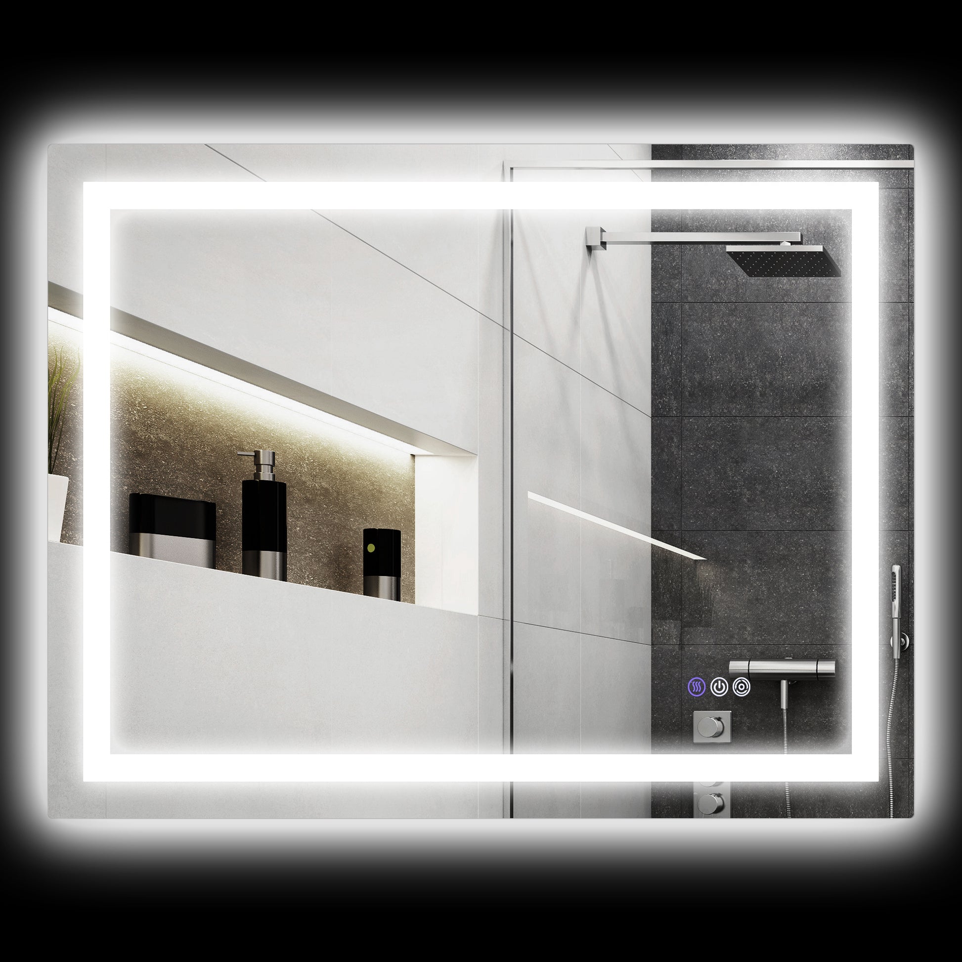 Rectangular backlit vanity mirror with touch controls and integrated showerhead