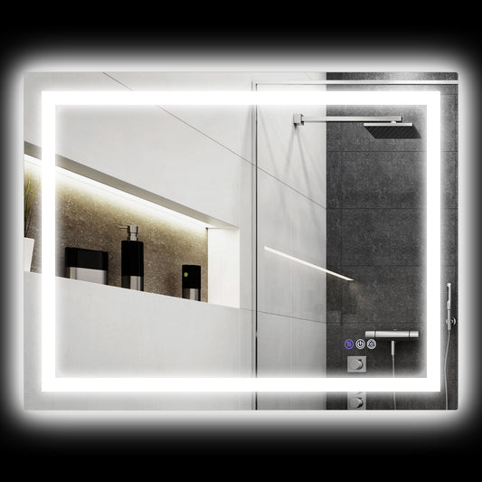 Rectangular backlit vanity mirror with touch controls and integrated showerhead