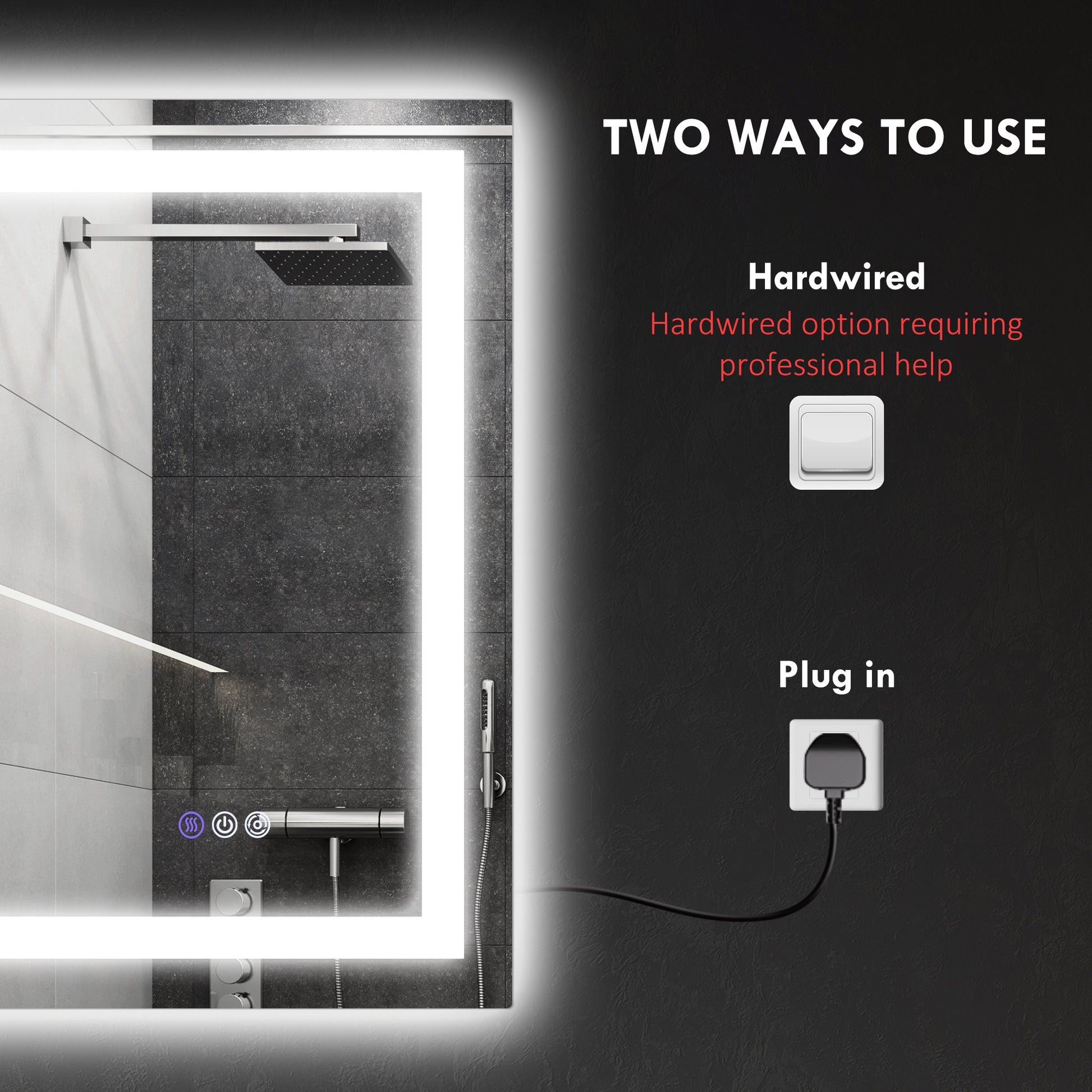 Modern backlit bathroom mirror with integrated shower controls and builtin lighting