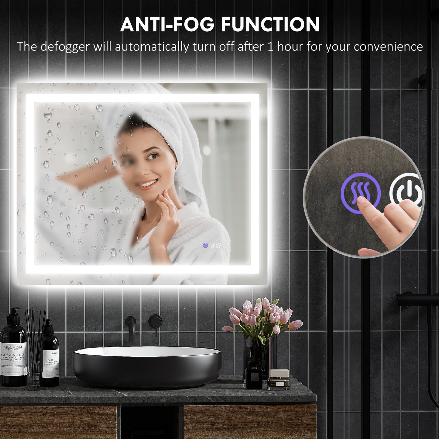 Lit bathroom mirror with antifog function and elegant womens reflection