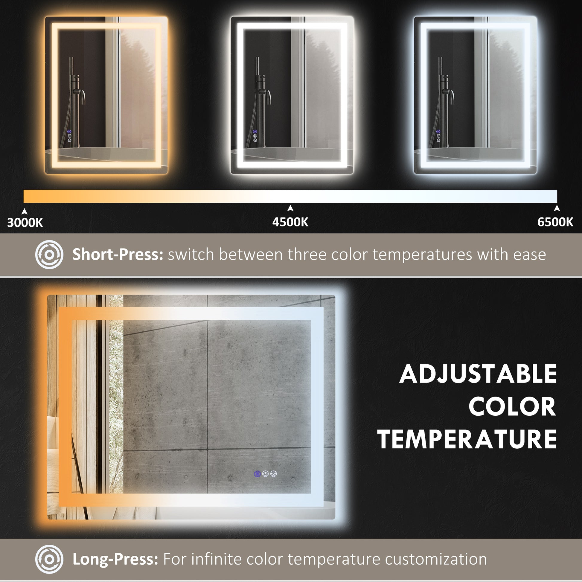 Modern illuminated bathroom mirror with adjustable color temperature from warm to cool light
