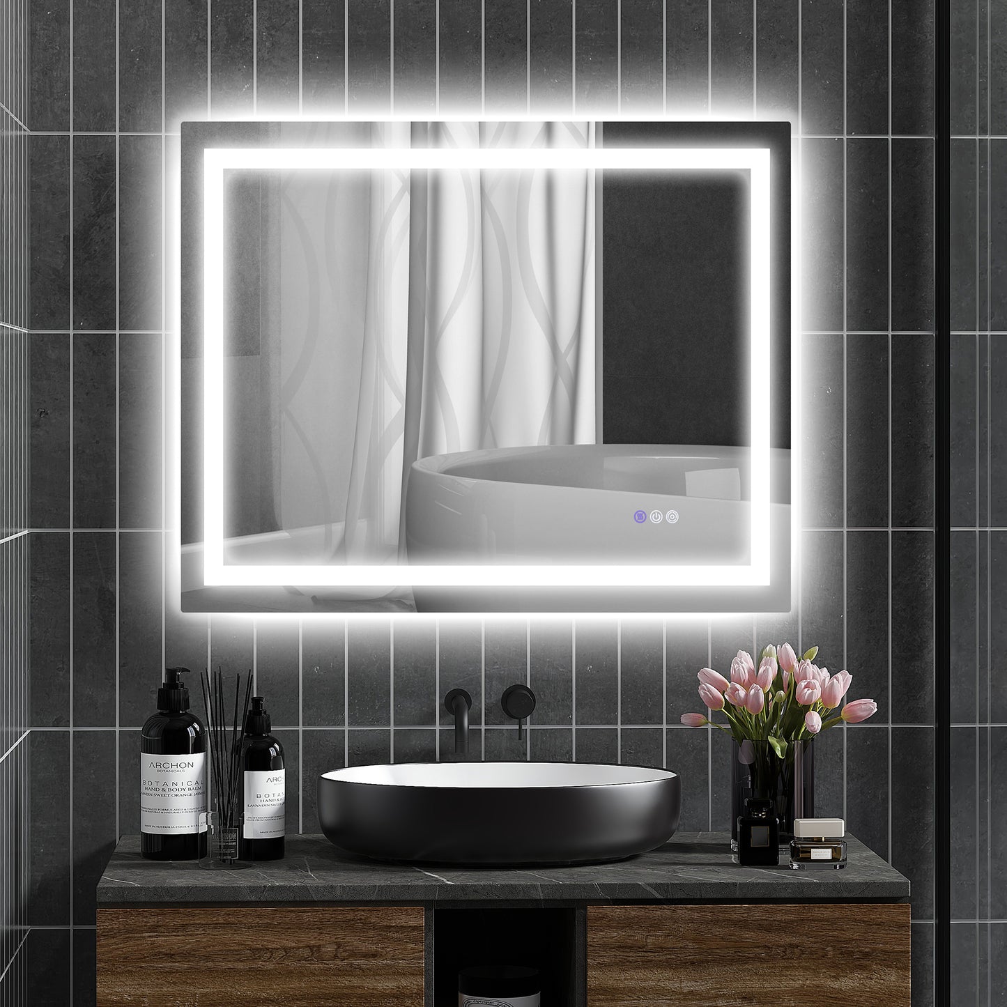 Modern rectangular LED bathroom mirror with soft diffused lighting for a spalike ambiance