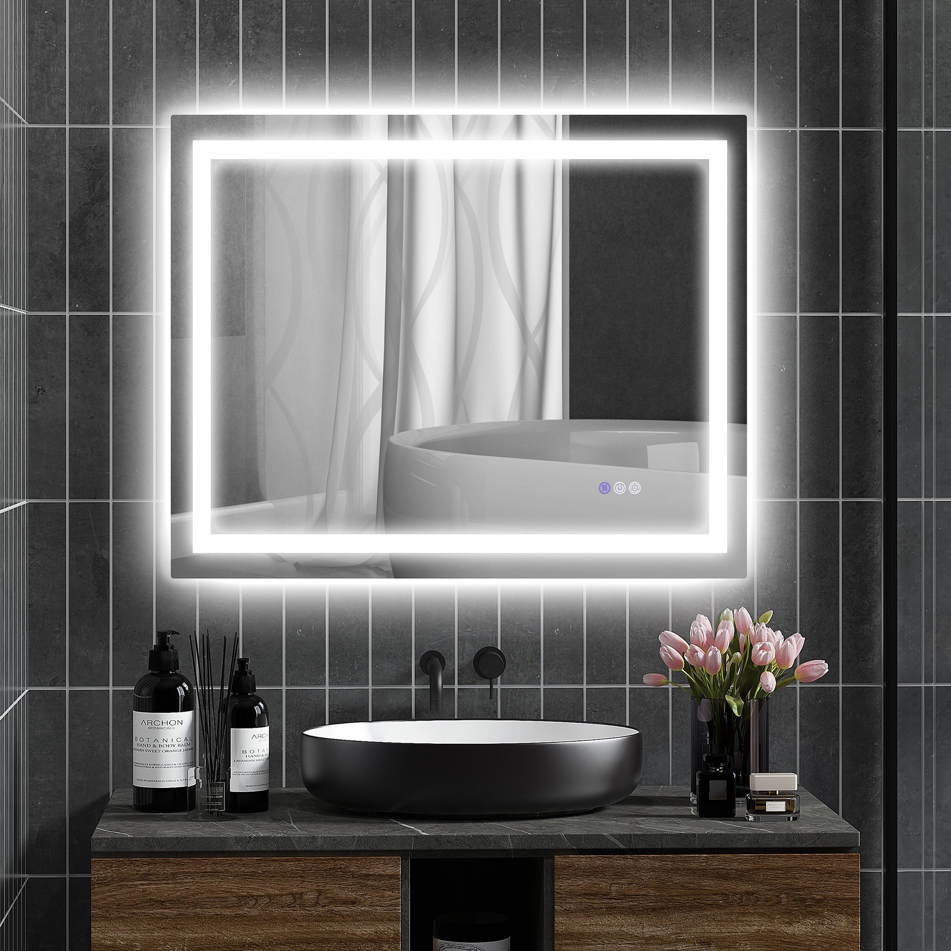 Modern rectangular LED bathroom mirror with soft diffused lighting for a spalike ambiance