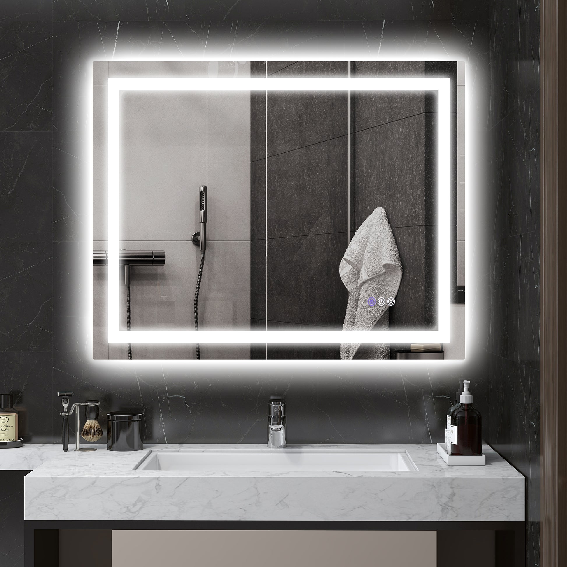 Rectangular LED bathroom mirror with integrated lighting and touch controls