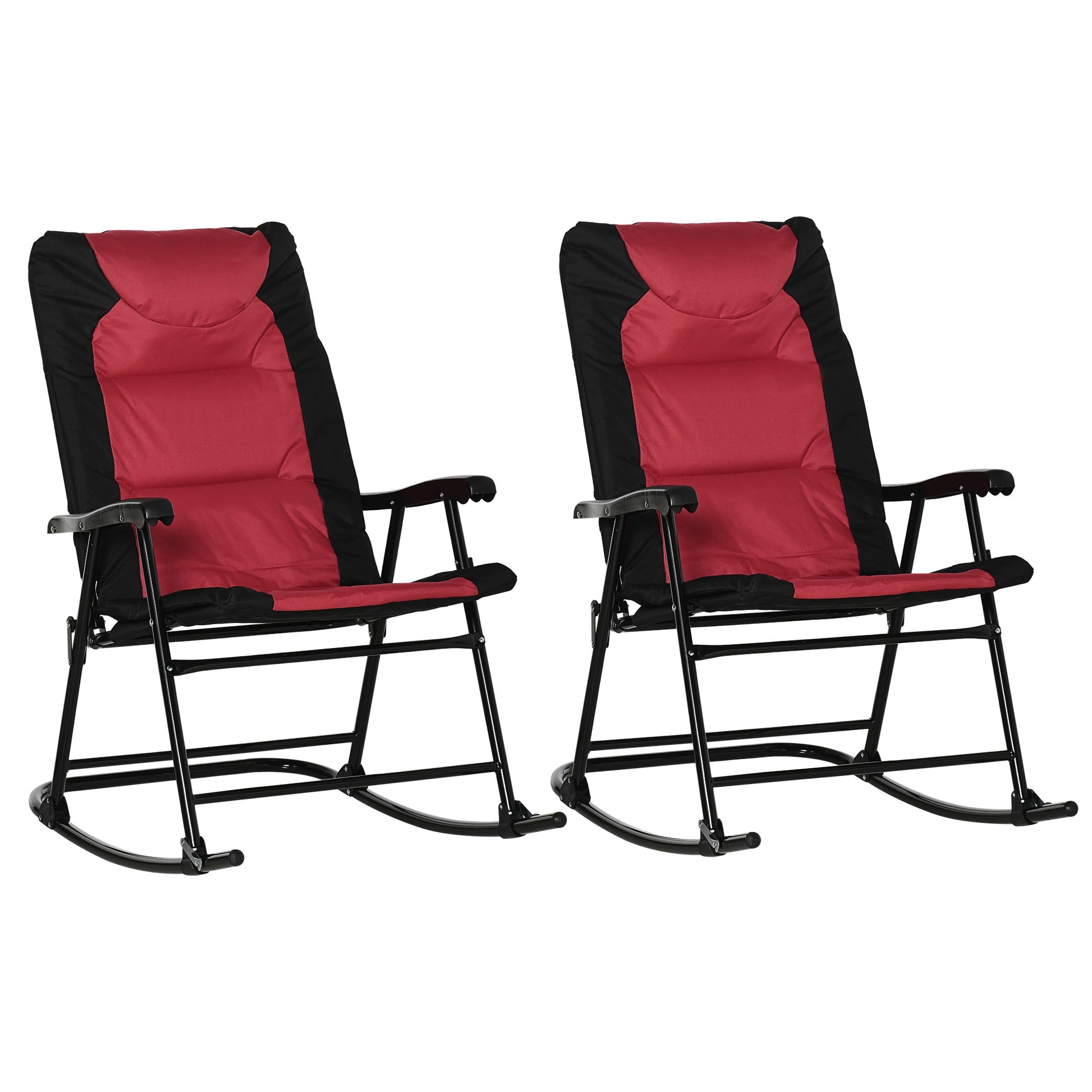 Two red and black padded rocking chairs with black metal frames perfect for outdoor relaxation