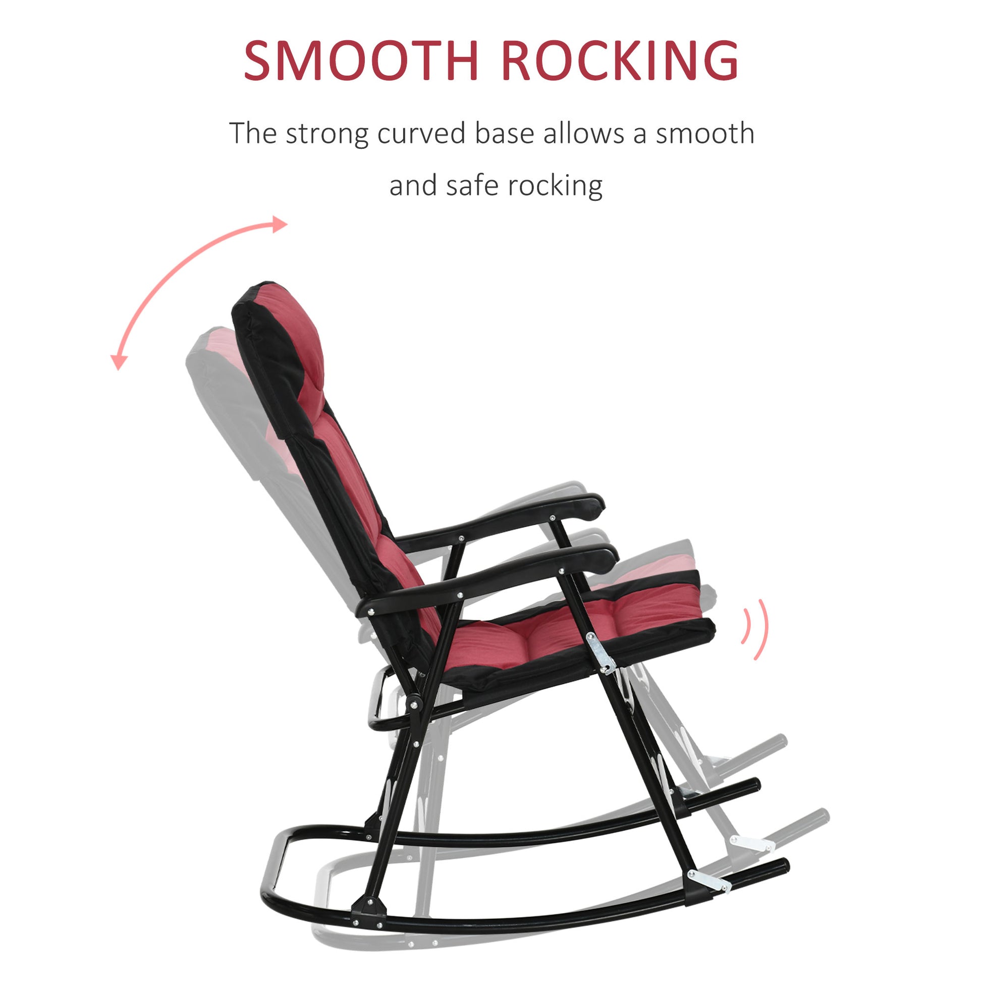 Red and black padded outdoor rocking chair with smooth rocking motion