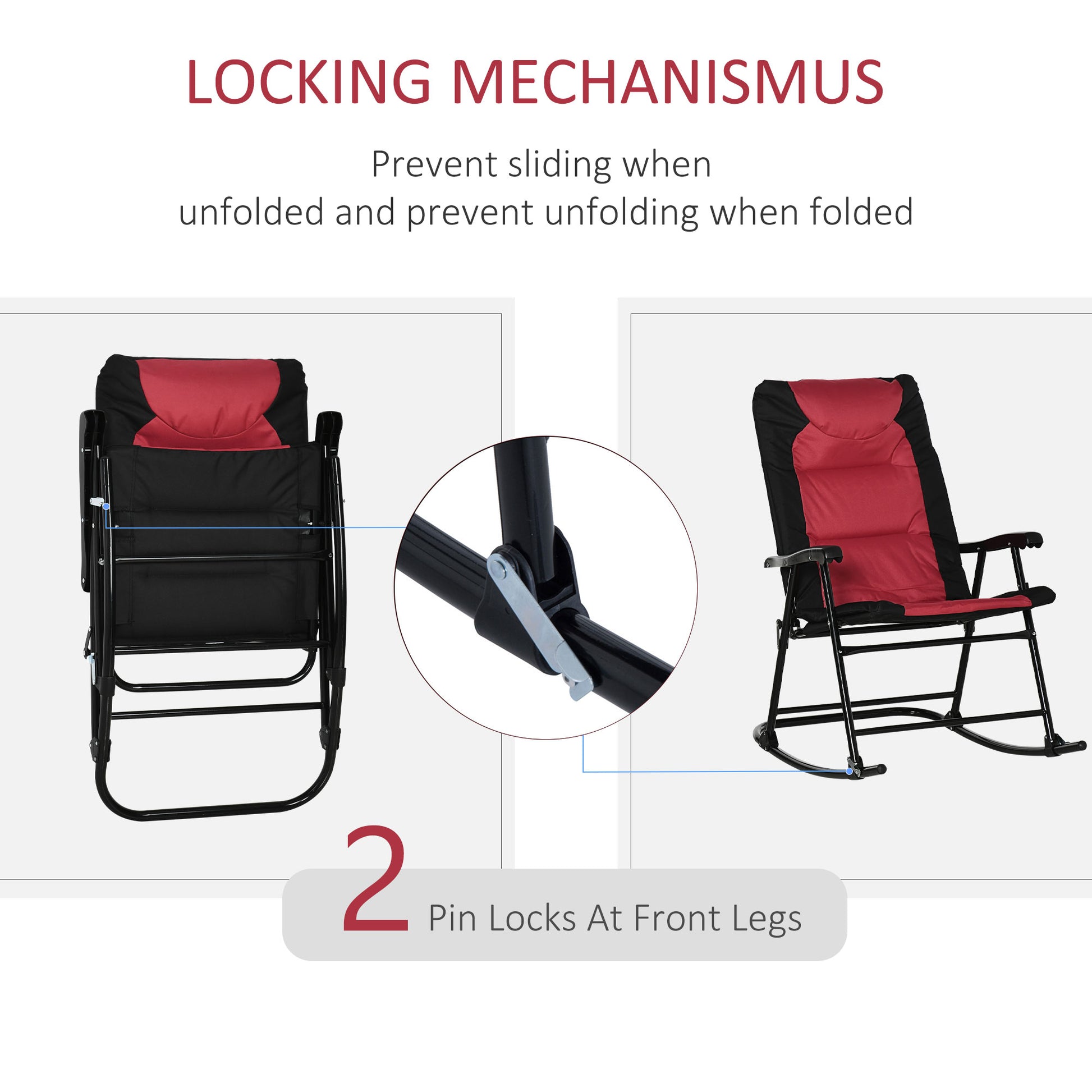 Red and black fabric rocking chair in folded position with visible metal frame