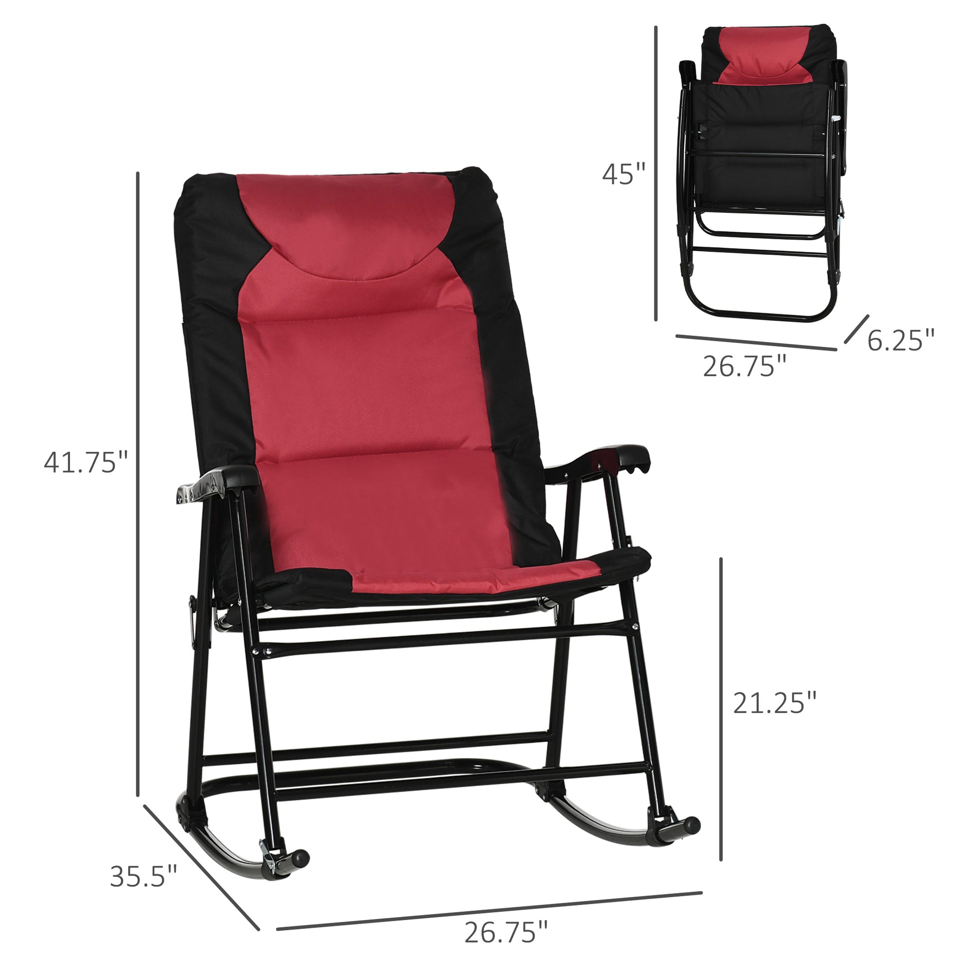Red and black padded rocking chair with metal frame and adjustable headrest