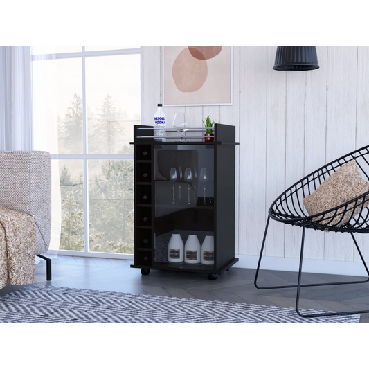 Black mobile bar cabinet with wine rack and glassware storage
