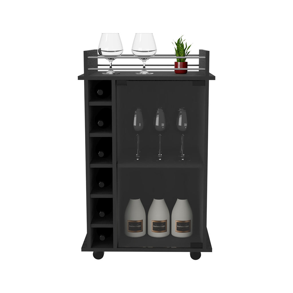 Black mobile bar cart with wine rack and glassware