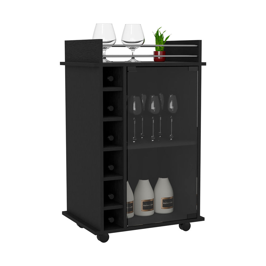 Black modern bar cart with wine rack and glassware storage