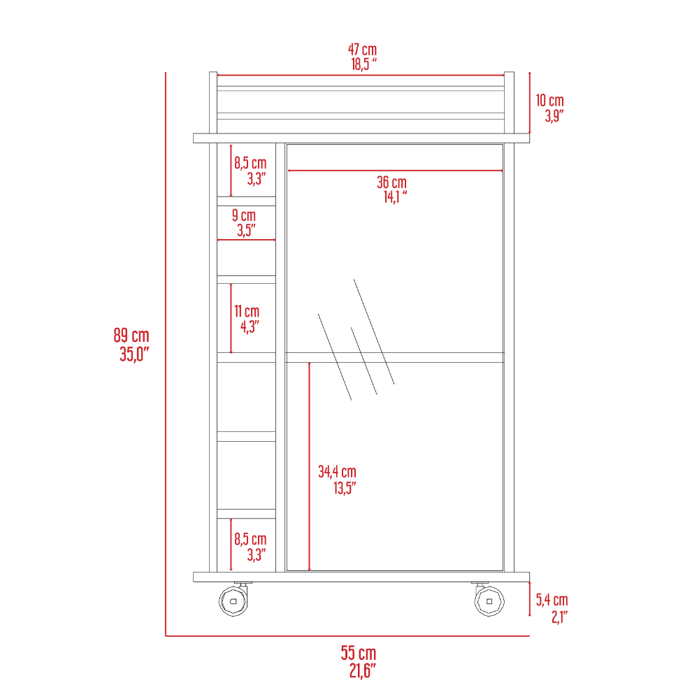 Blueprint diagram of a wheeled storage cart with multiple shelves