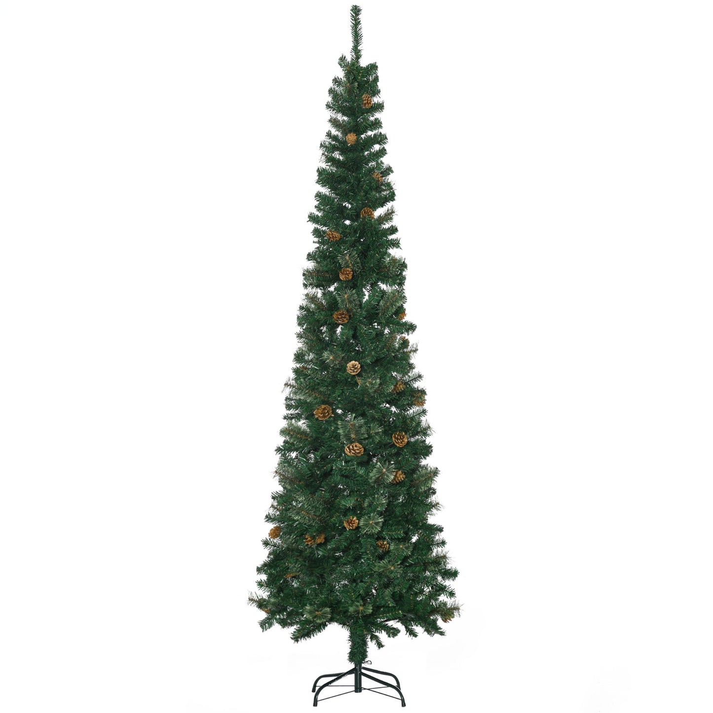 Slim green artificial Christmas tree with pine cones and realistic branches