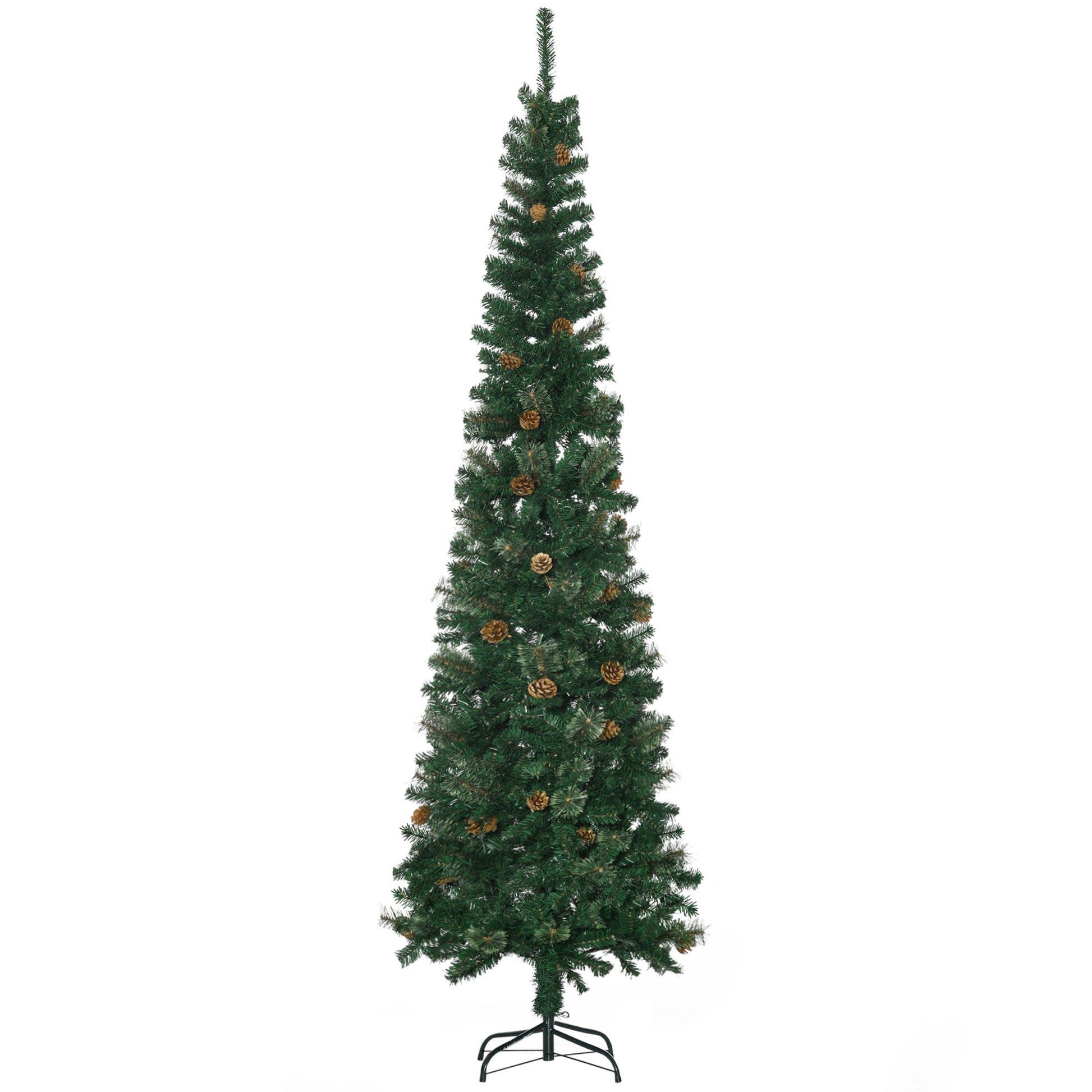 Slim green artificial Christmas tree with pine cones and realistic branches
