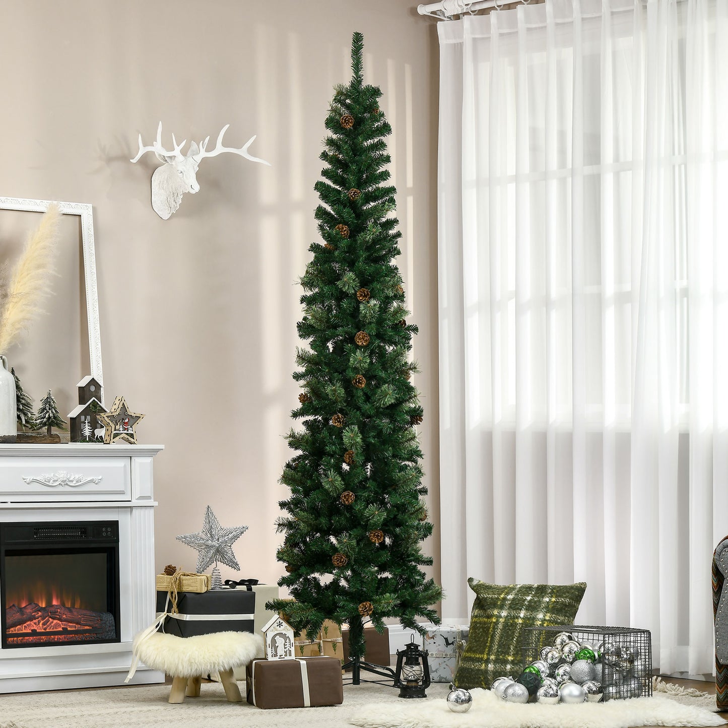 Tall slim artificial Christmas tree with pinecones perfect for small spaces
