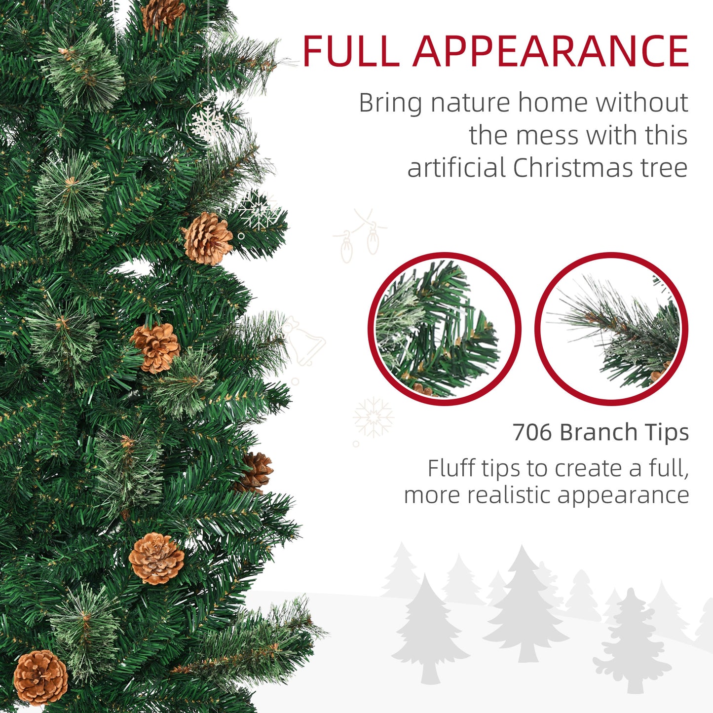 Closeup of a realistic artificial Christmas tree with pine cones and delicate snowflakes