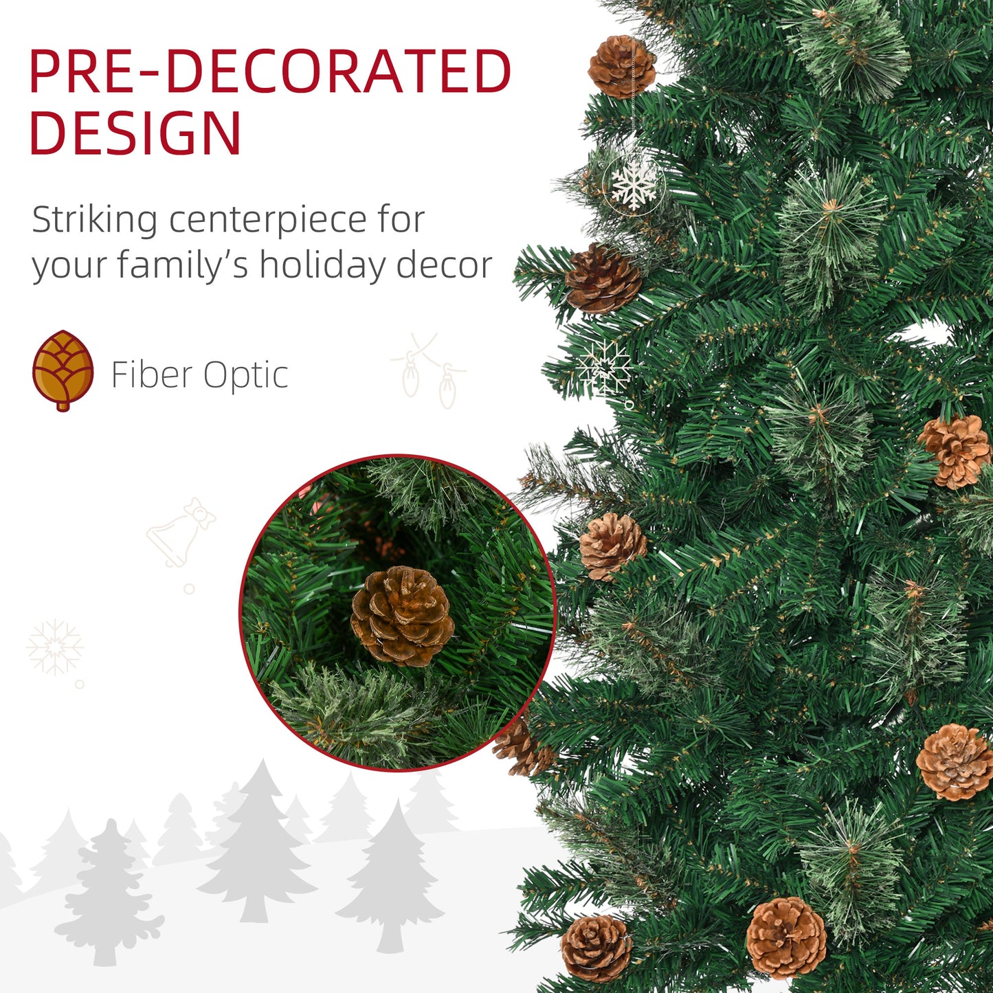 Closeup of a predecorated artificial Christmas tree with pinecones and snowflakes