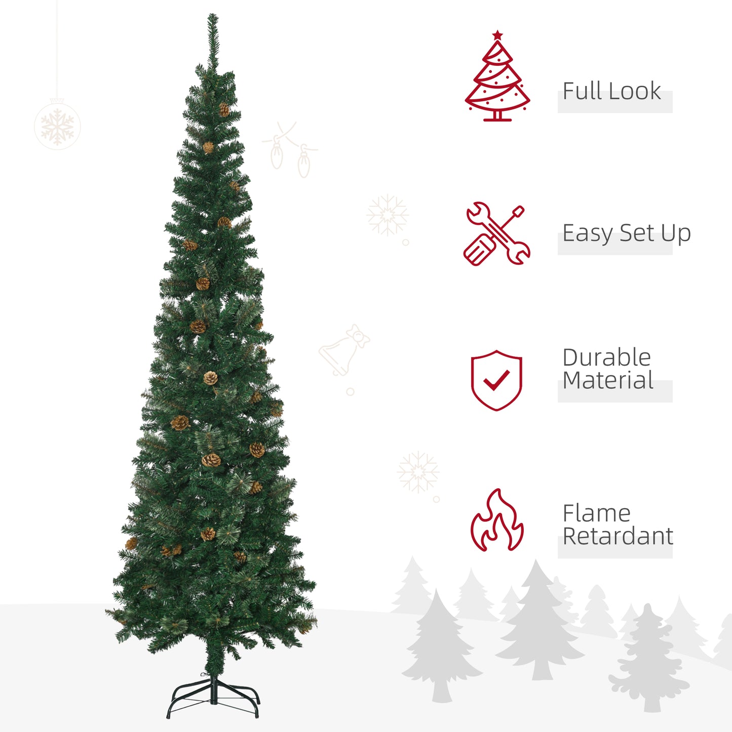 Tall artificial Christmas tree with realistic pinecones and a sturdy black stand