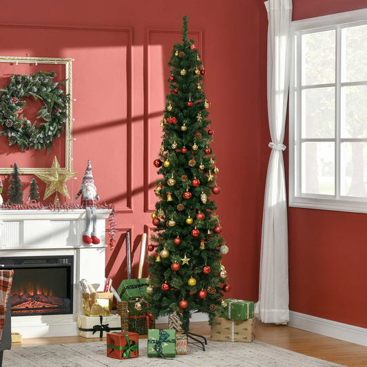 Tall artificial Christmas tree with red and gold ornaments and pinecones