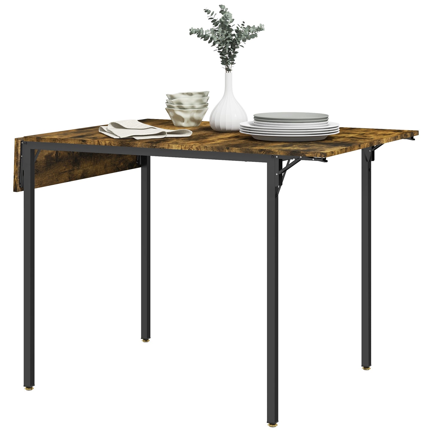 Rustic drop leaf dining table with distressed wood top and black metal legs