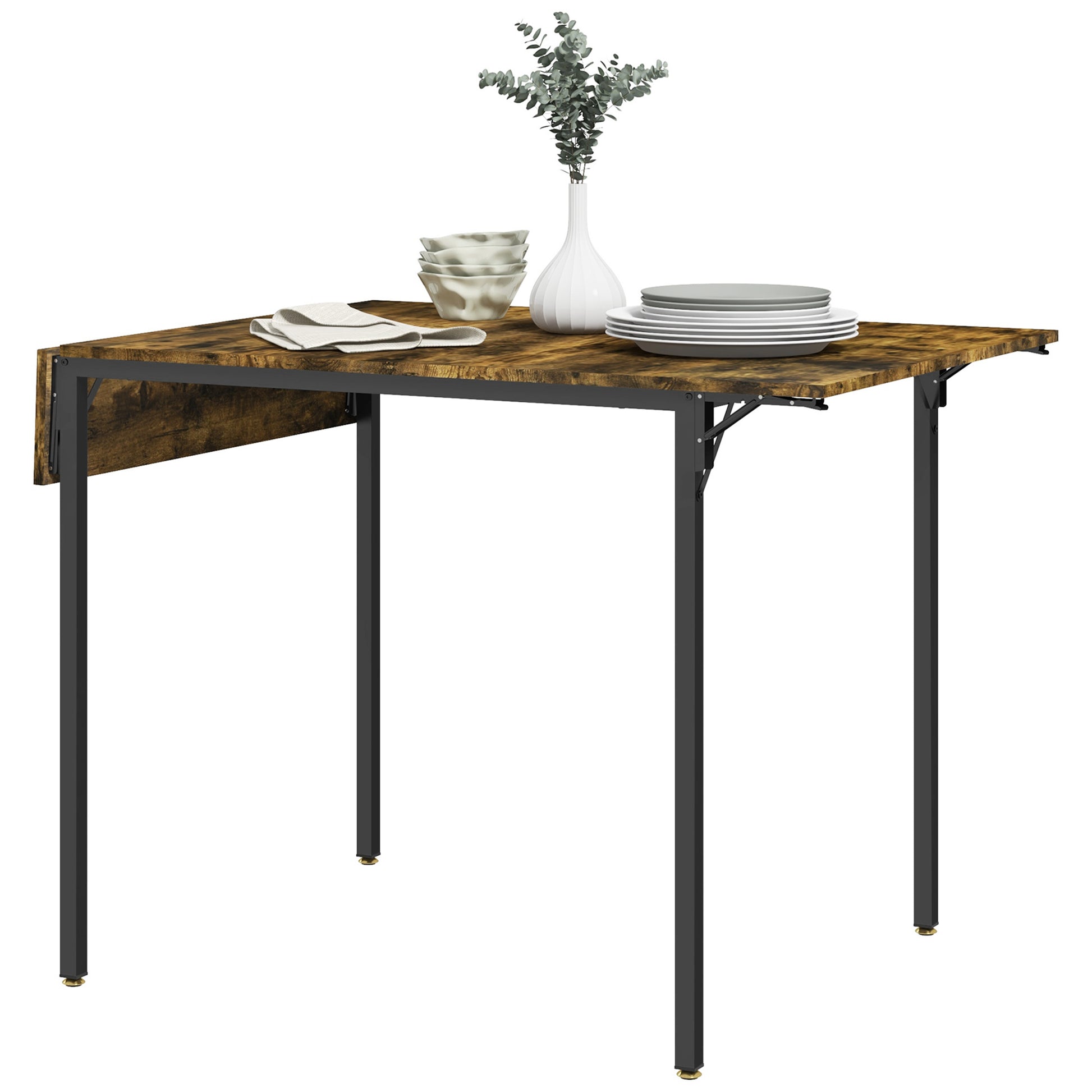 Rustic drop leaf dining table with distressed wood top and black metal legs
