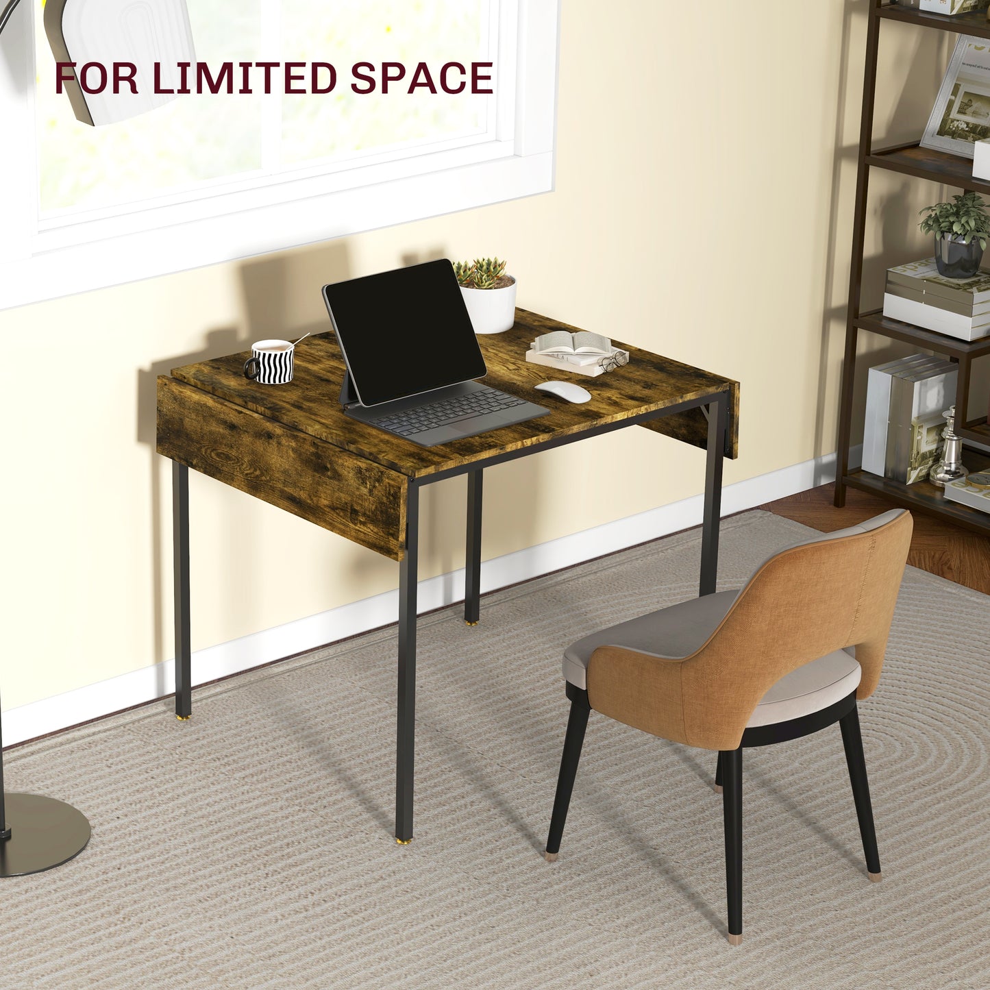 Compact dropleaf desk with rustic wood finish and black metal legs for small spaces