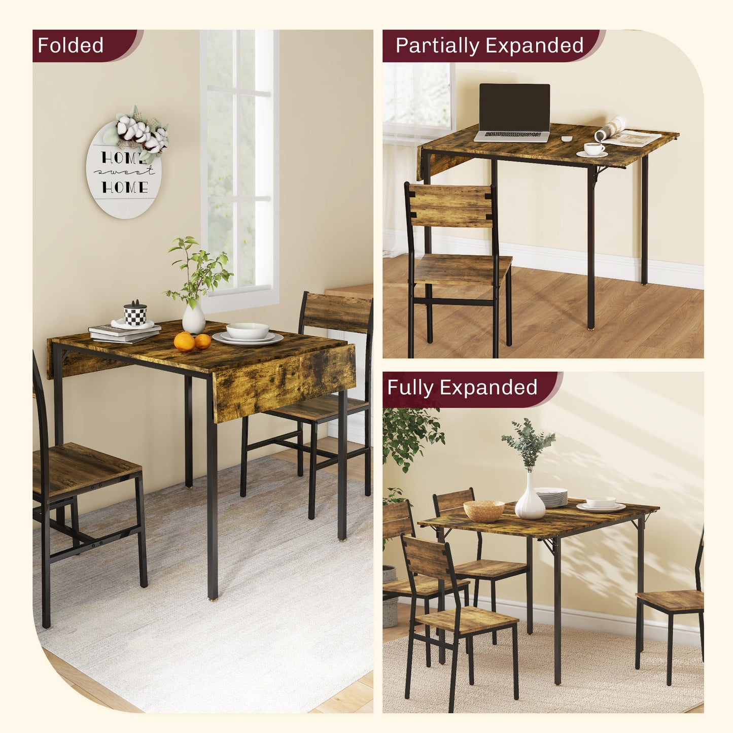 Rustic drop leaf dining table in antique brown finish folded with chair