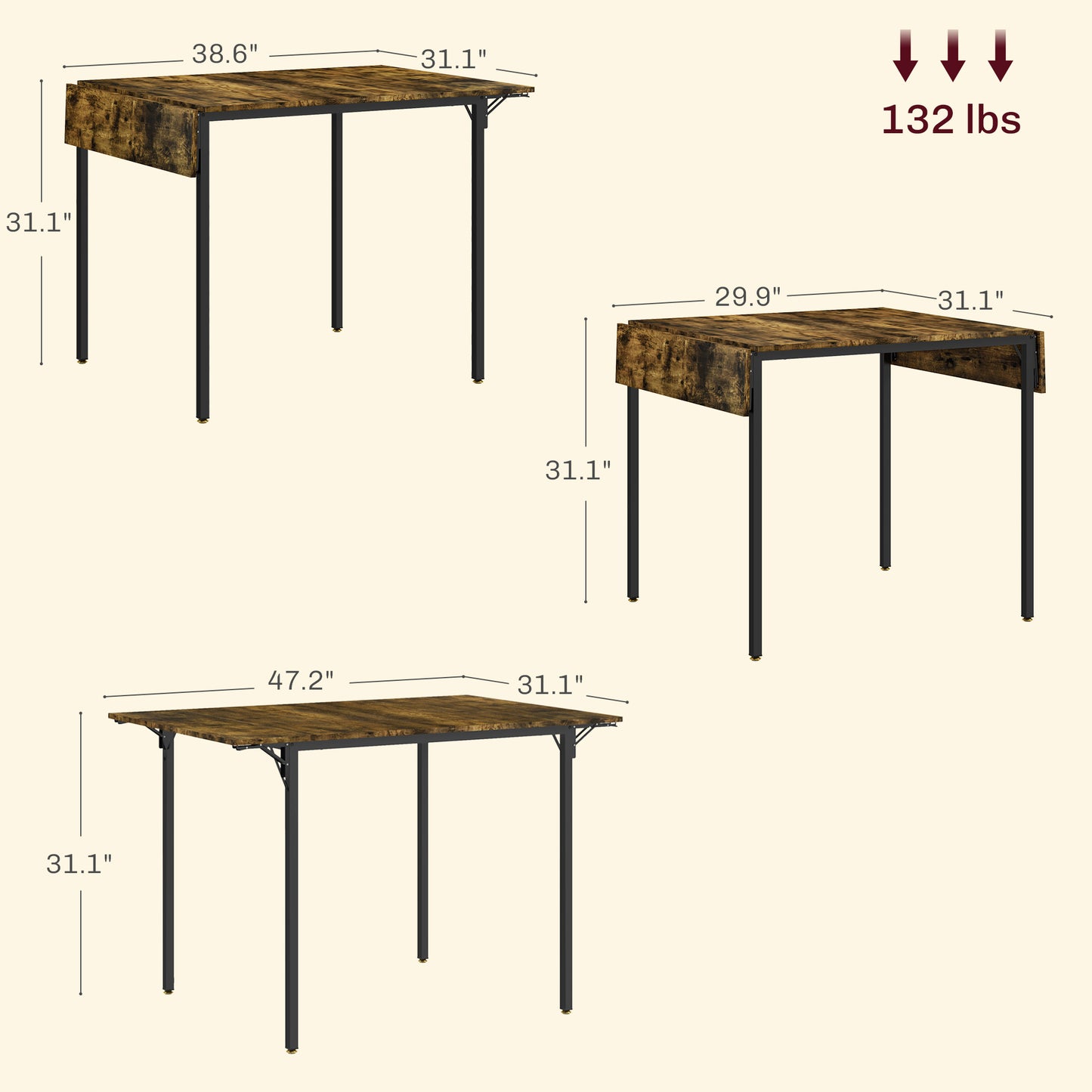 Rustic brown wood dropleaf dining table with black metal legs  inches wide
