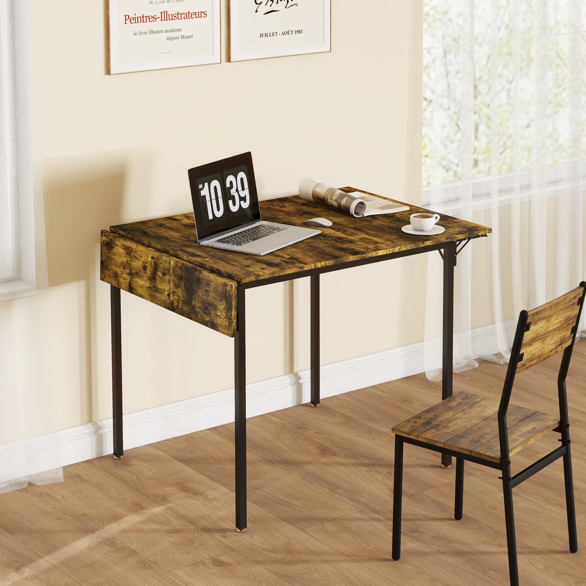 Rustic wood dropleaf desk with black metal legs laptop and coffee cup