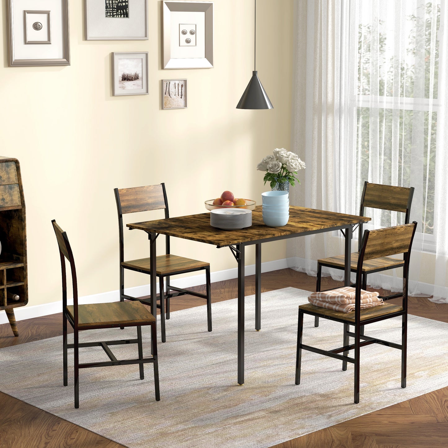 Rustic wood and metal dining table set with four chairs perfect for small spaces