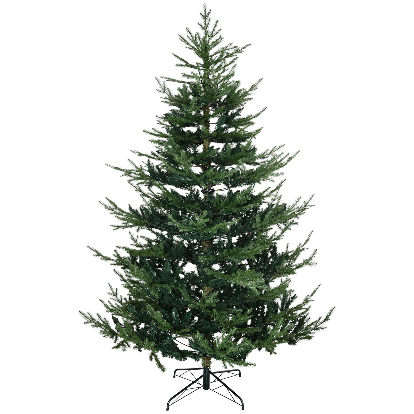 Tall green artificial Christmas tree with dense branches and black metal stand