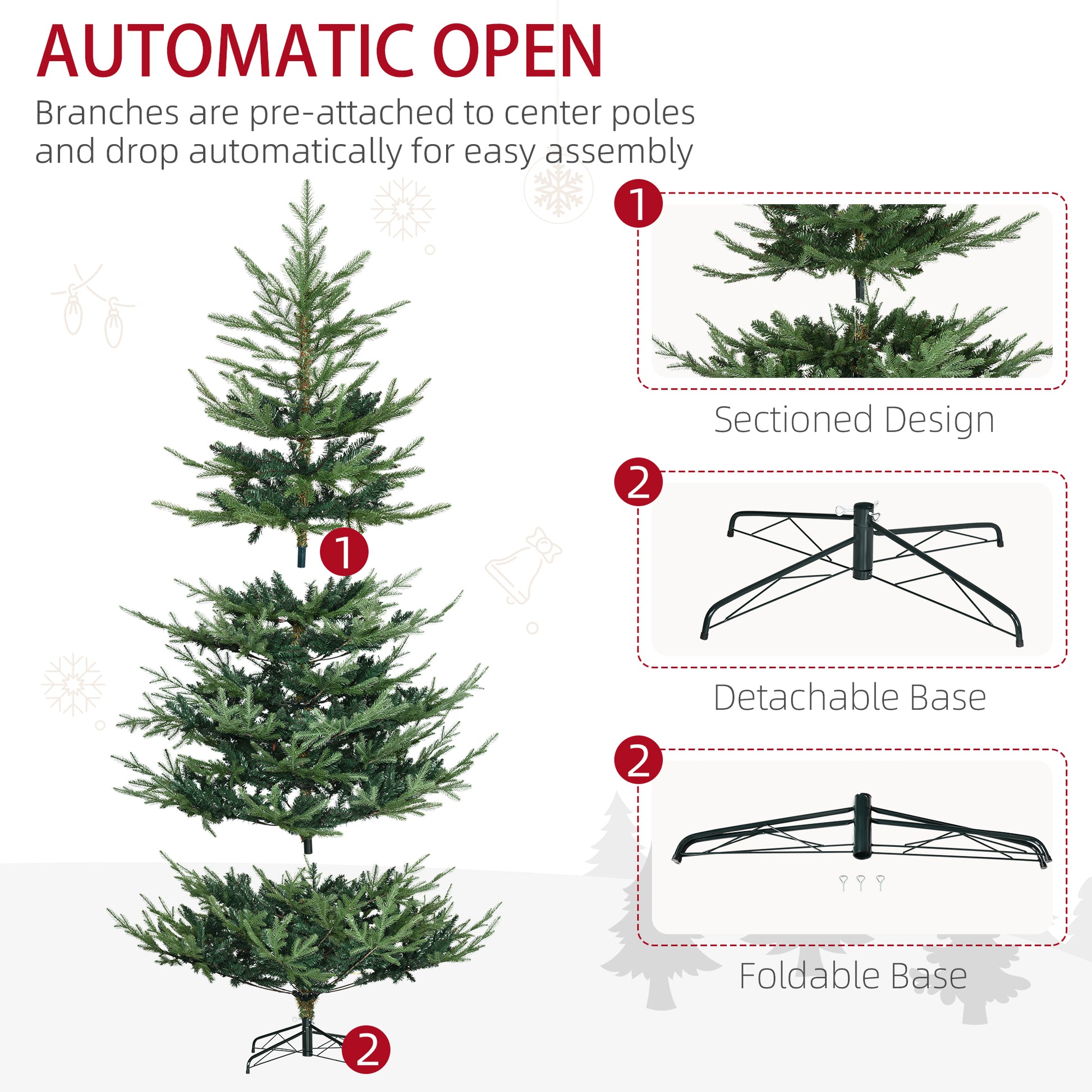 Green artificial Christmas tree with preattached branches for easy assembly