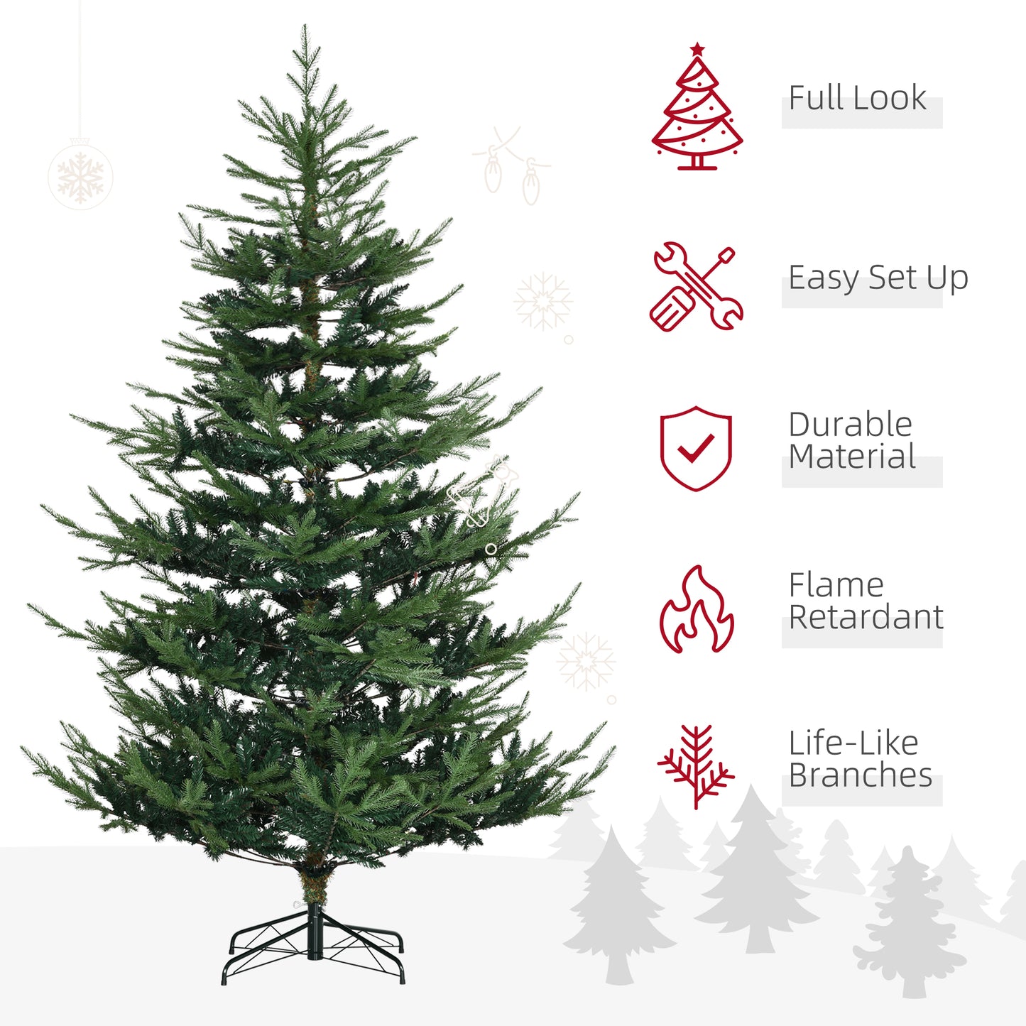 Full green artificial Christmas tree with a sturdy metal base