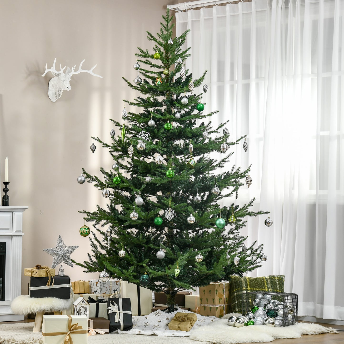 Tall artificial Christmas tree decorated with silver and green ornaments ideal for holiday home decor