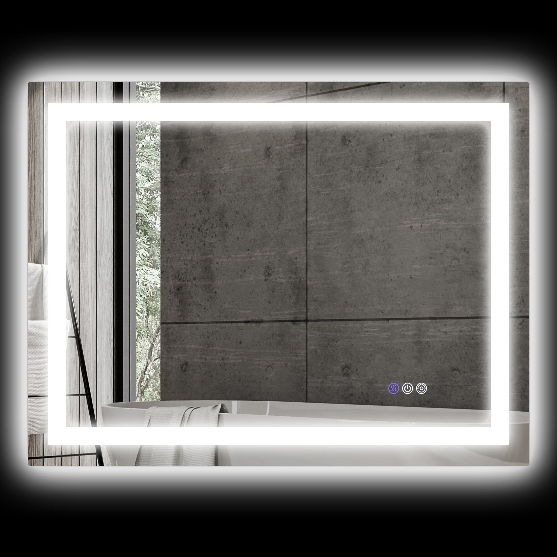 Modern rectangular bathroom mirror with integrated LED lighting and touch controls